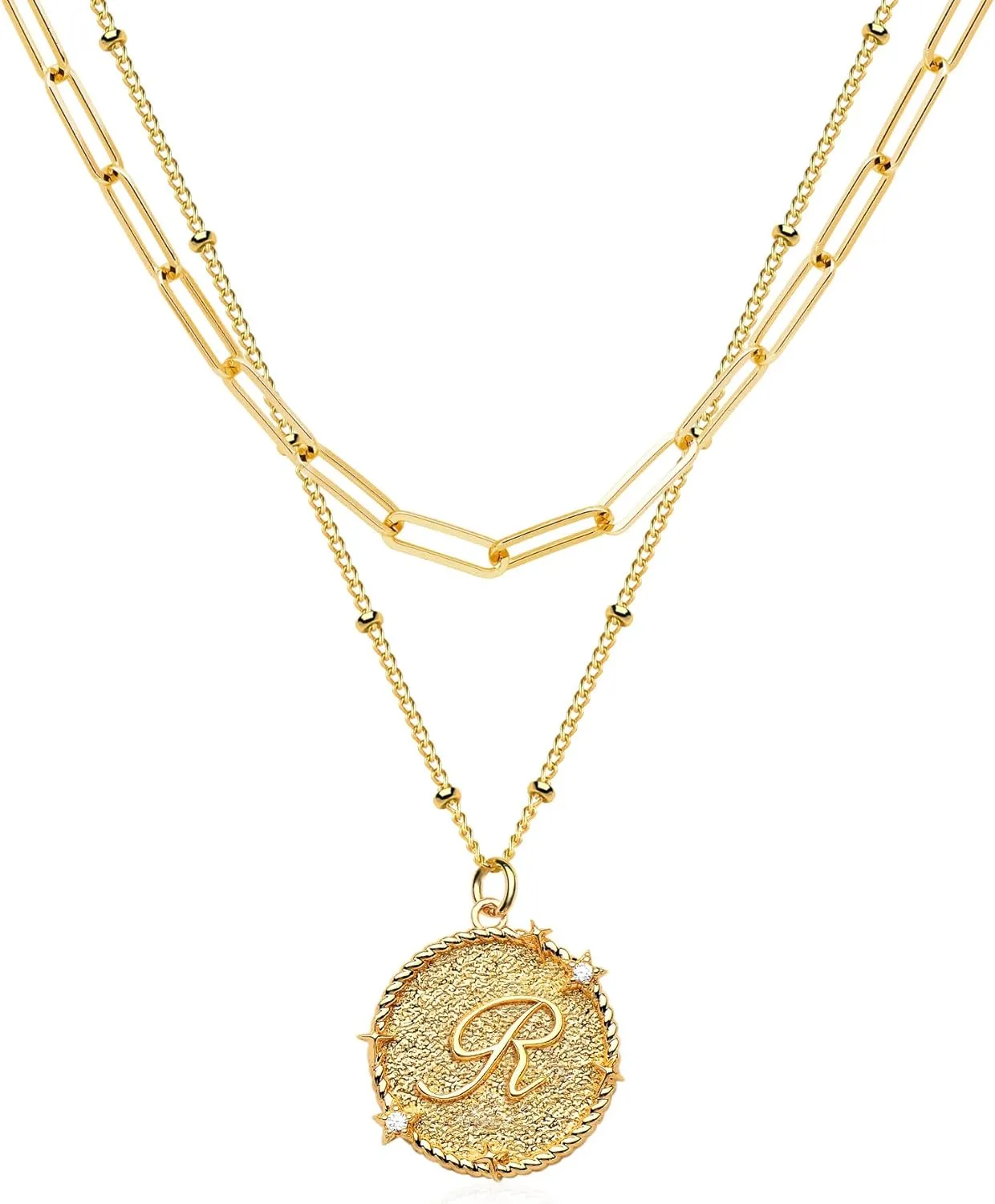Layered Initail Necklaces for Women 14K Gold Plated Cubic Zirconia Layering Beaded Paperclip Chain Choker Necklace Dainty Pendant Letter A-Z Jewelry Letter