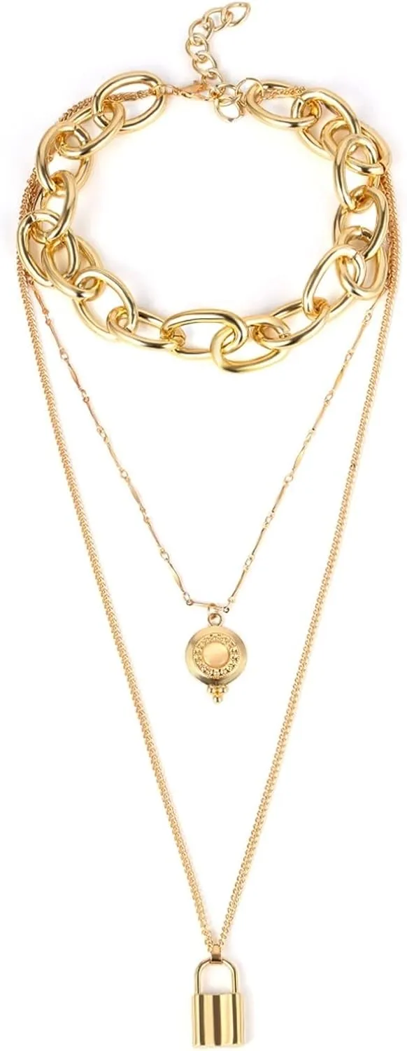 Layered Necklaces for Teen Girls Aesthetic, 3 Layered Necklaces for Women Gold Lobster Claw Multilayer Lock Pendant Chain Design Graduation Jewerly