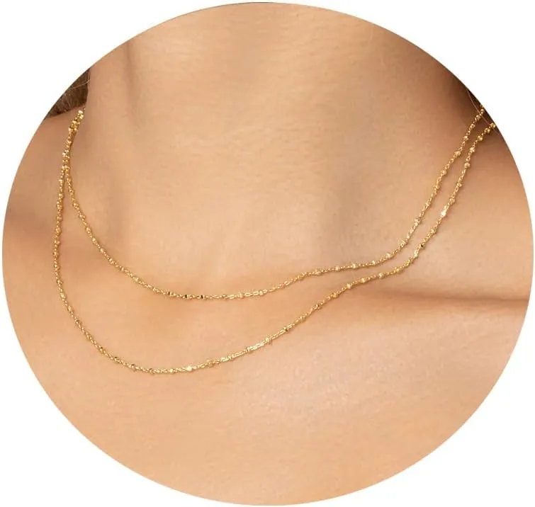 Layered Necklaces for Women 14K Real Gold/Silver Plated Dainty Bar Twist Rope Mirror Bead Layering Chain Choker Necklaces Gold Jewelry for Women