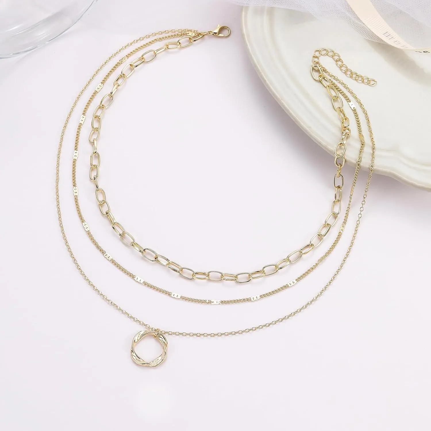Layered Necklaces for Women Trendy 14K Gold Plated Sterling Silver Pendant Chain Necklace Charm Fashion Jewelry Set for Women Teen Girls