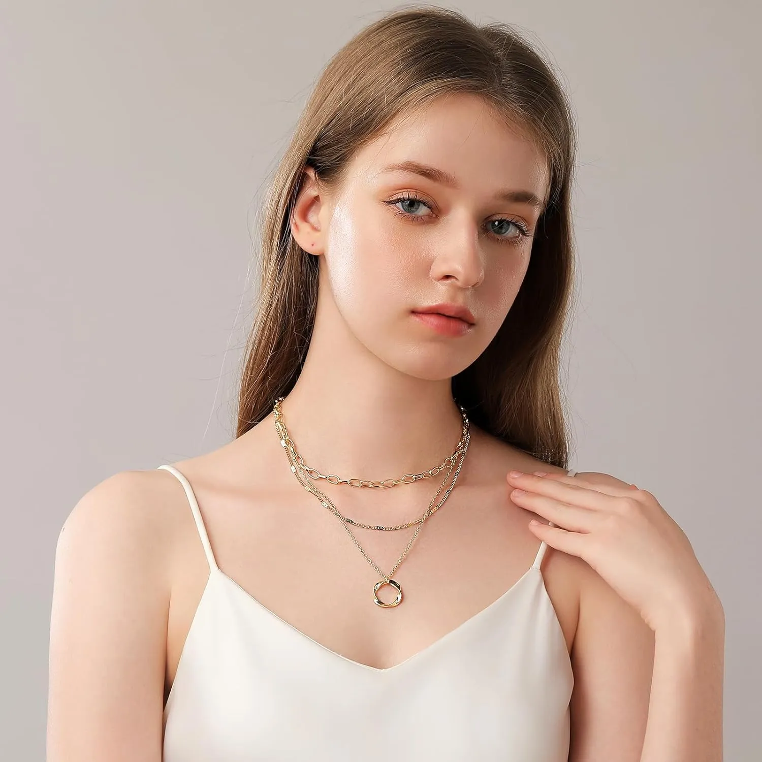Layered Necklaces for Women Trendy 14K Gold Plated Sterling Silver Pendant Chain Necklace Charm Fashion Jewelry Set for Women Teen Girls