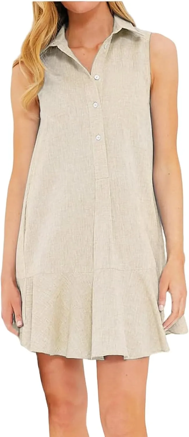 Linen Dresses for Women Casual Summer T Shirt Dress Sleeveless Button Down Ruffle Hem Tank Mini Dress Short Sundress