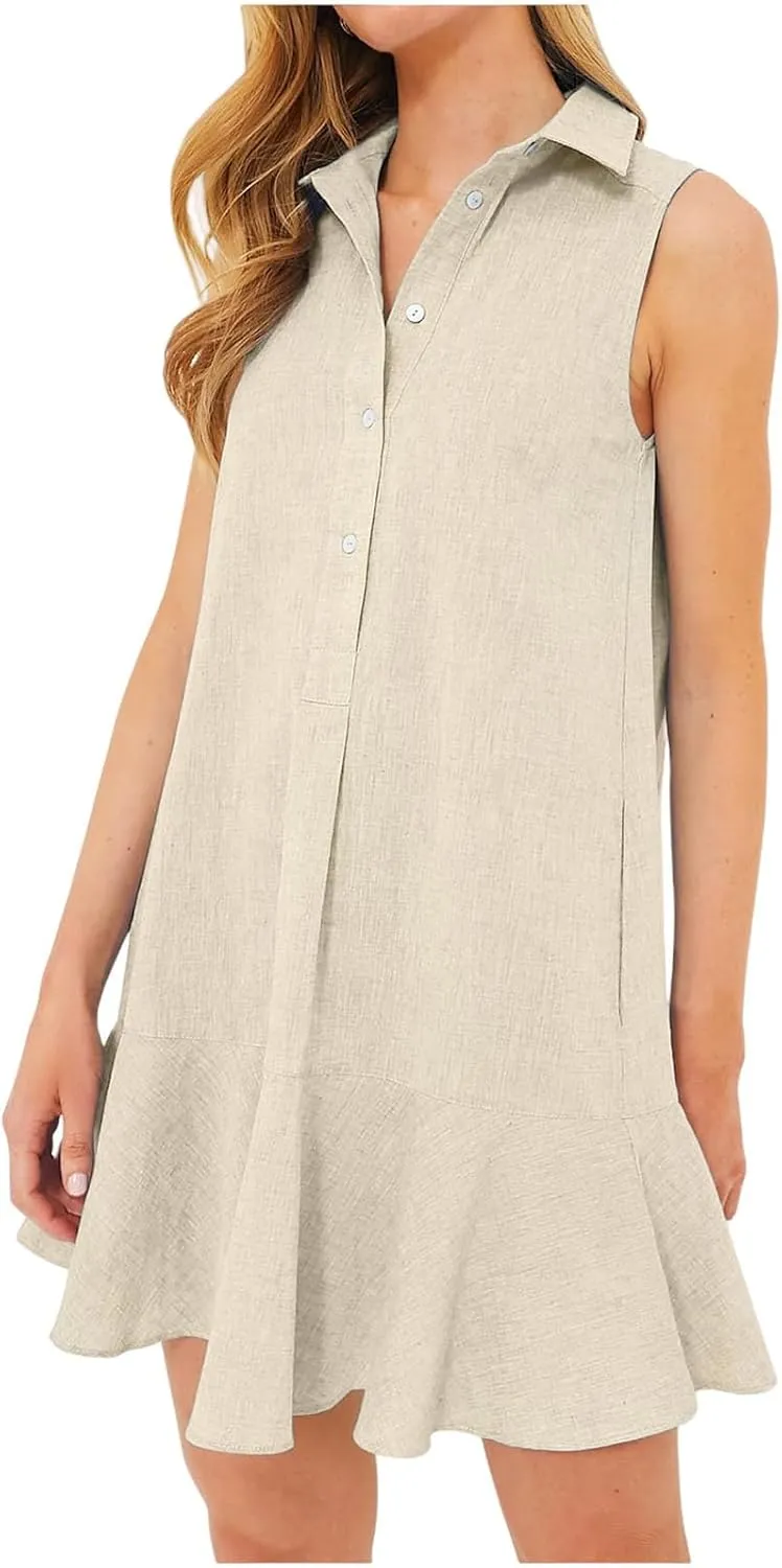 Linen Dresses for Women Casual Summer T Shirt Dress Sleeveless Button Down Ruffle Hem Tank Mini Dress Short Sundress