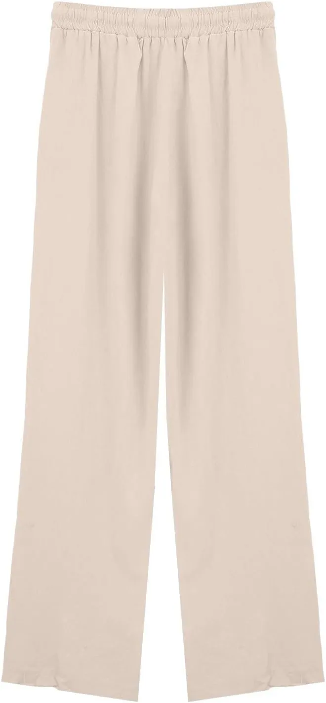 Linen Pants for Women Elastic Waist Straight Leg Cotton Linen Cropped Pants Lightweight Summer Trousers Slacks Clothes