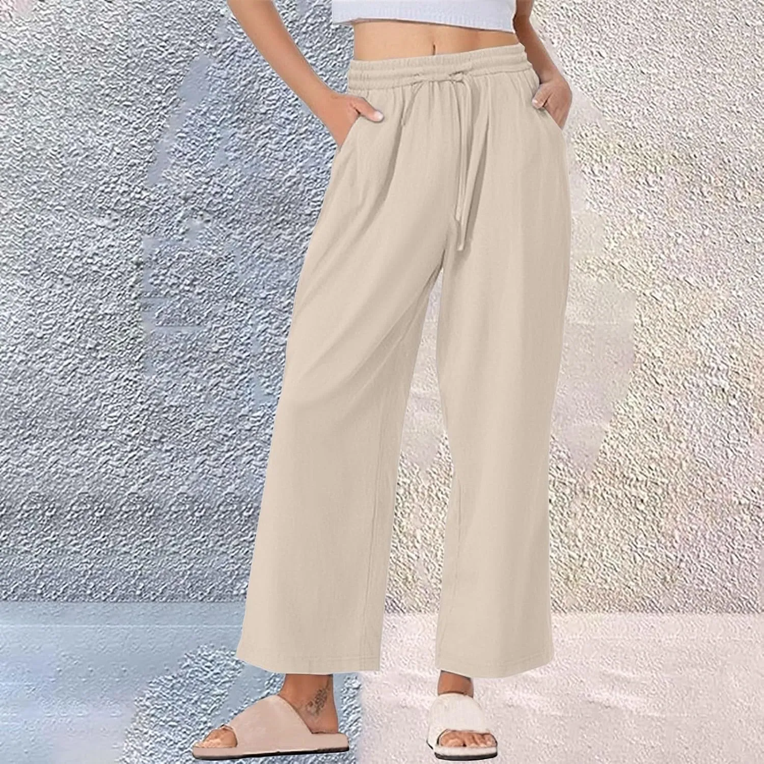 Linen Pants for Women Elastic Waist Straight Leg Cotton Linen Cropped Pants Lightweight Summer Trousers Slacks Clothes