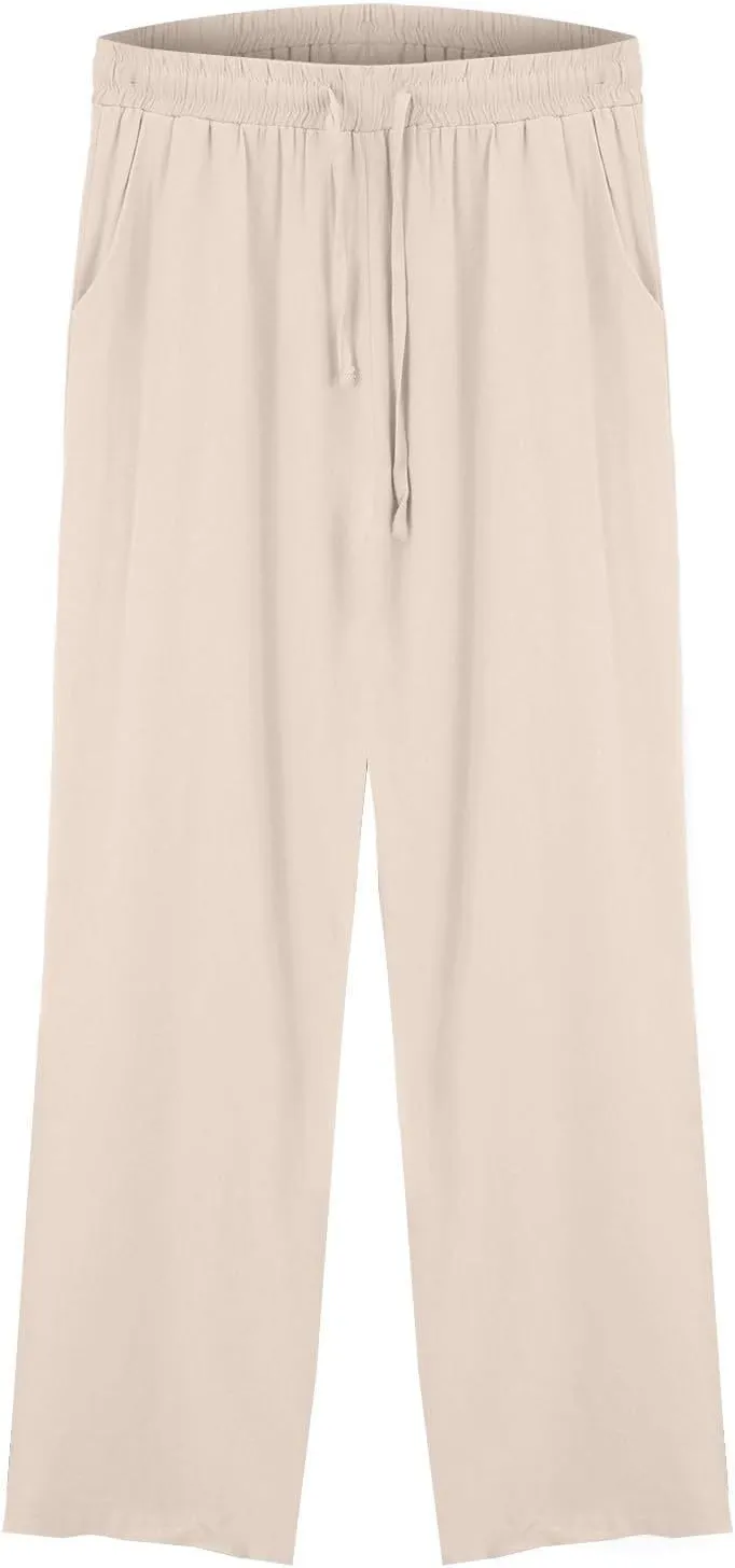 Linen Pants for Women Elastic Waist Straight Leg Cotton Linen Cropped Pants Lightweight Summer Trousers Slacks Clothes