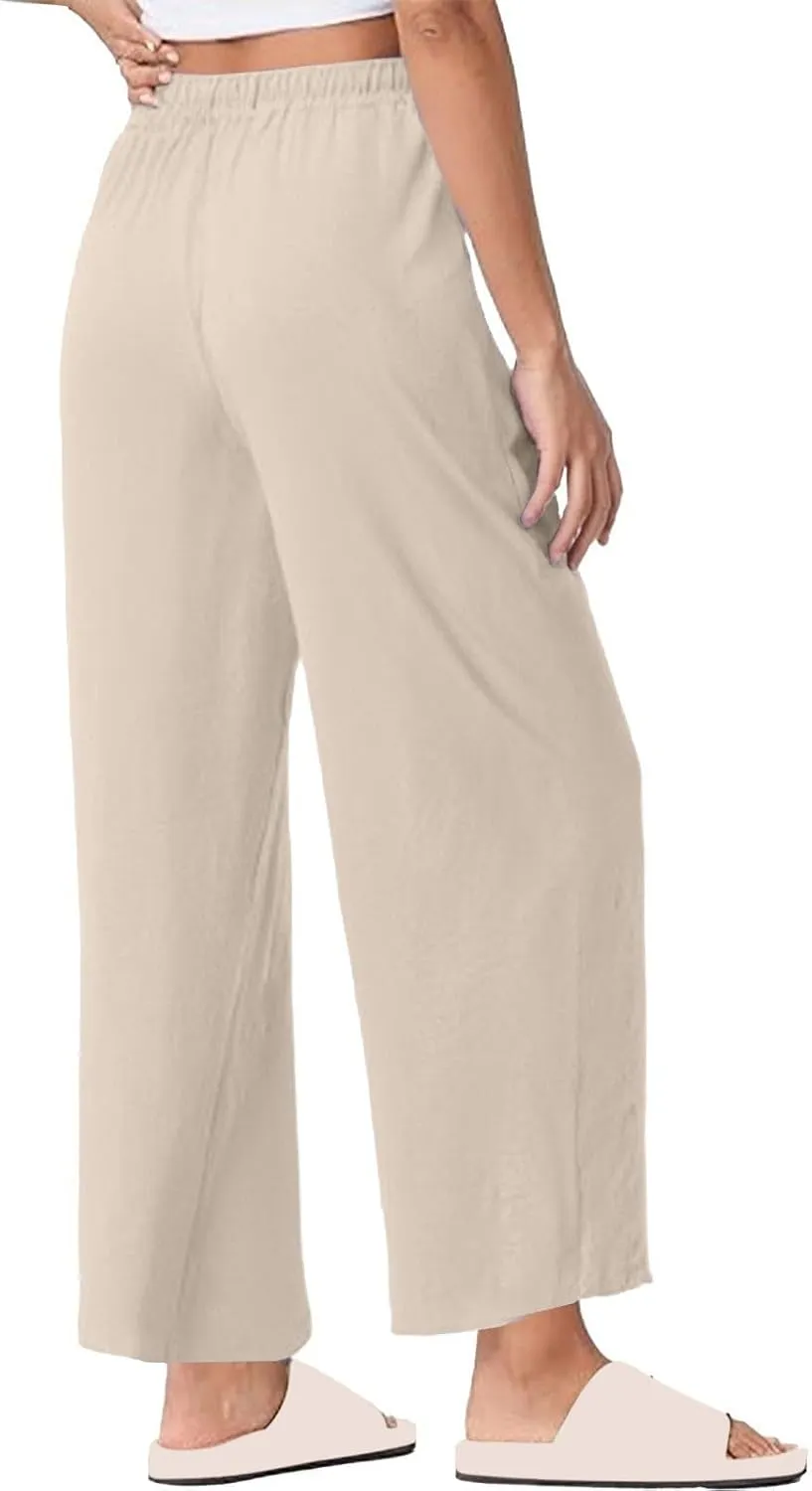 Linen Pants for Women Elastic Waist Straight Leg Cotton Linen Cropped Pants Lightweight Summer Trousers Slacks Clothes