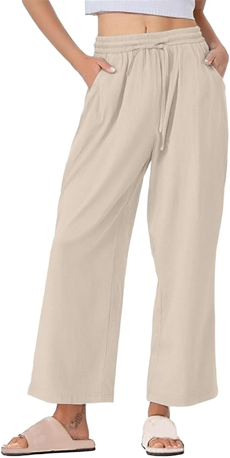 Linen Pants for Women Elastic Waist Straight Leg Cotton Linen Cropped Pants Lightweight Summer Trousers Slacks Clothes