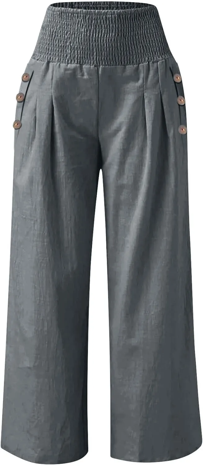Linen Pants Women Palazzo Wide Leg Lounge Pants Elastic Waist Smocked Pants Summer Trousers with Pockets