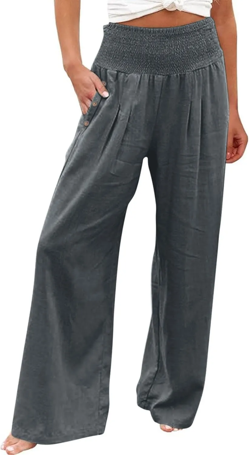 Linen Pants Women Palazzo Wide Leg Lounge Pants Elastic Waist Smocked Pants Summer Trousers with Pockets