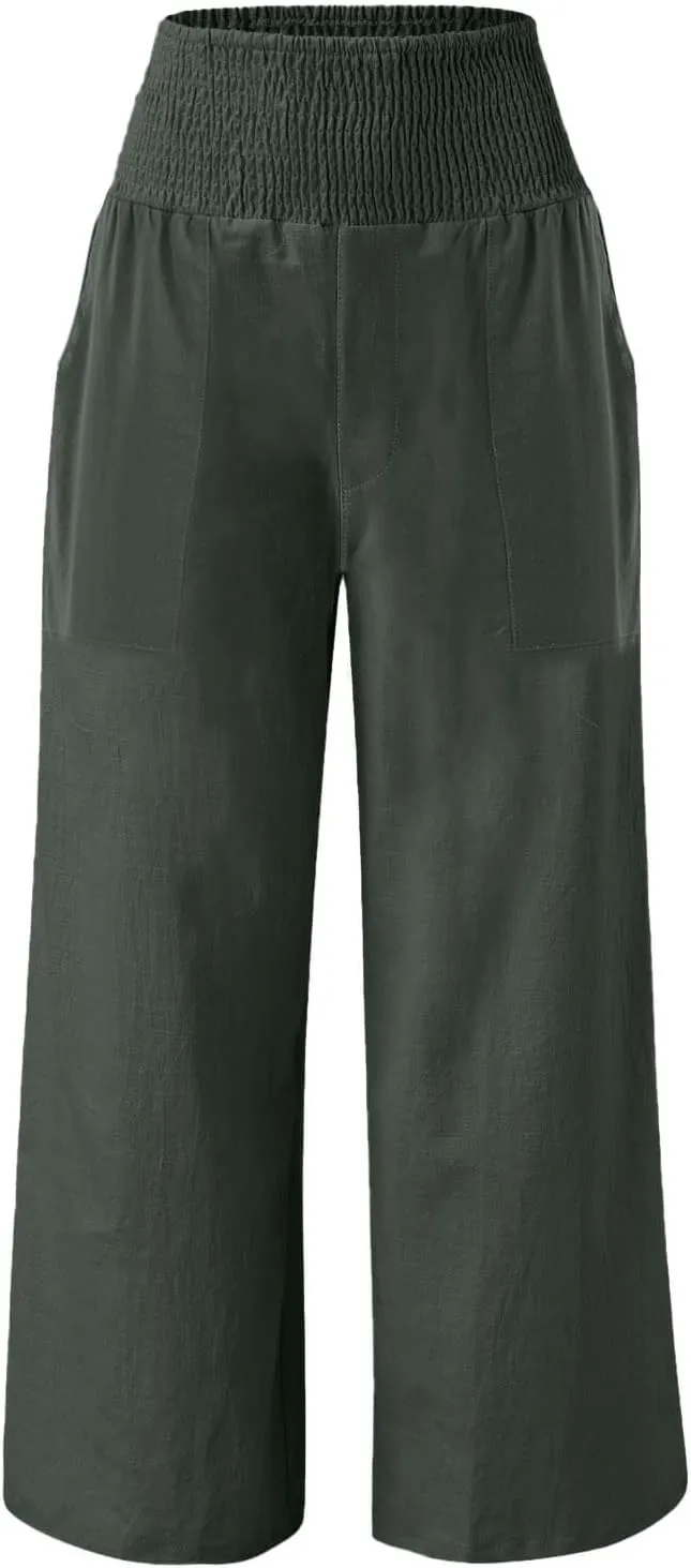 Linen Pants Women Summer Lounge Palazzo Pant High Waisted Wide Leg Trousers with Pockets Beach Vacation Clothes for Women