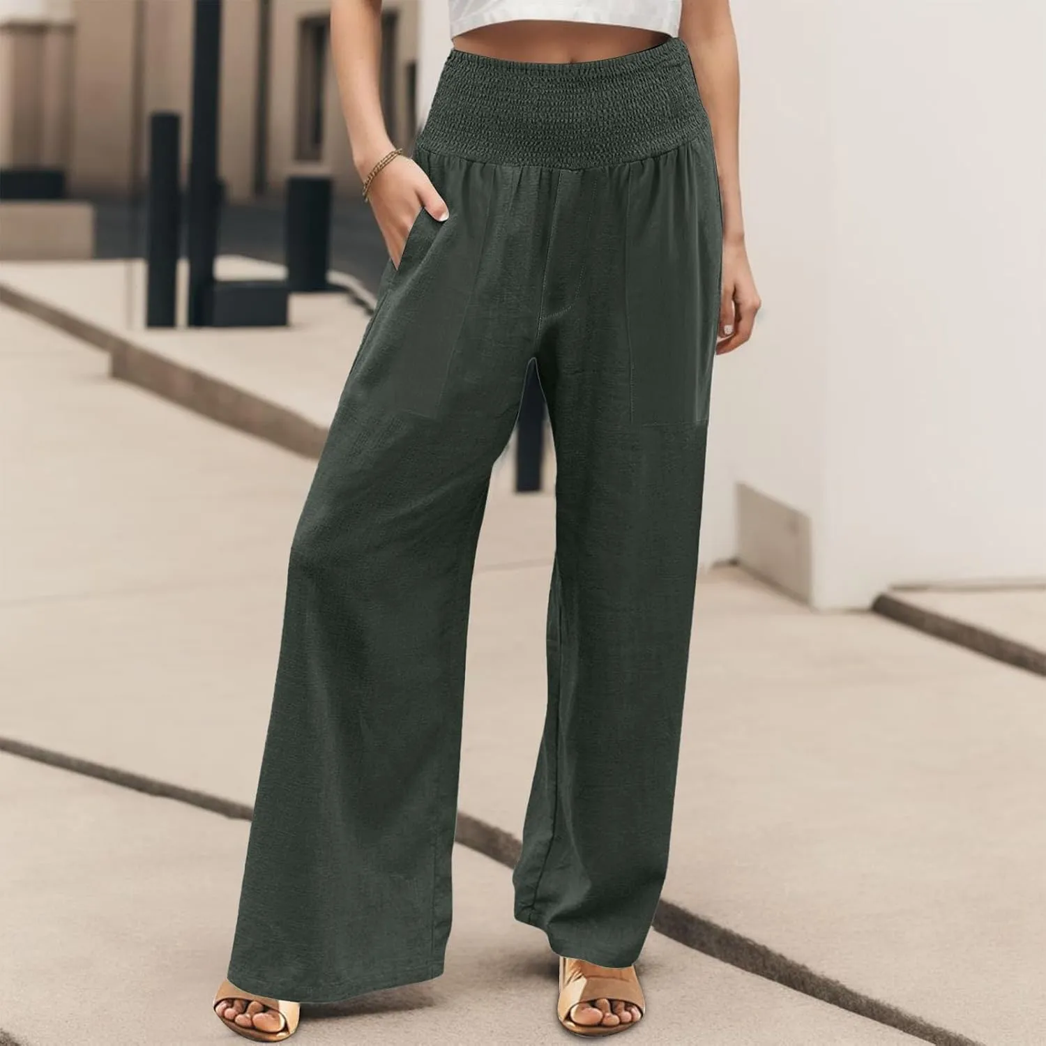Linen Pants Women Summer Lounge Palazzo Pant High Waisted Wide Leg Trousers with Pockets Beach Vacation Clothes for Women