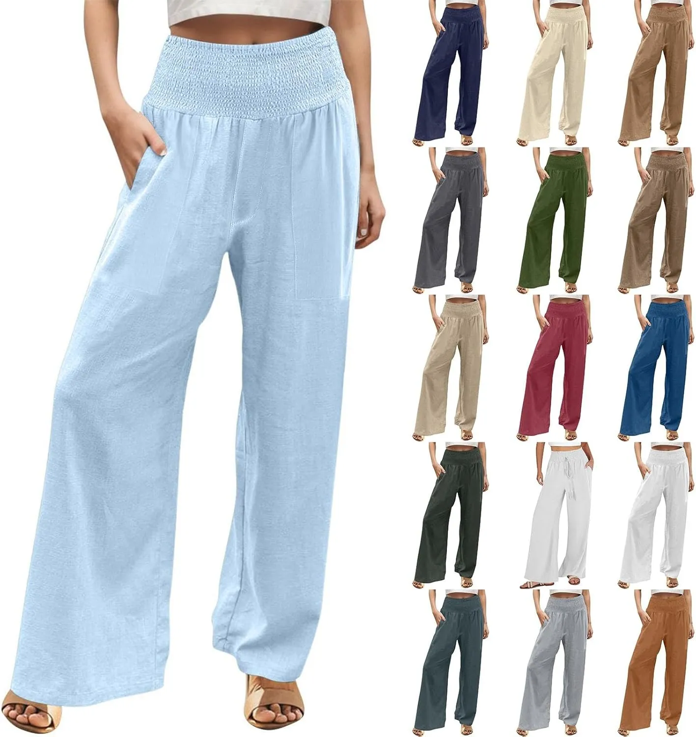 Linen Pants Women Summer Lounge Palazzo Pant High Waisted Wide Leg Trousers with Pockets Beach Vacation Clothes for Women