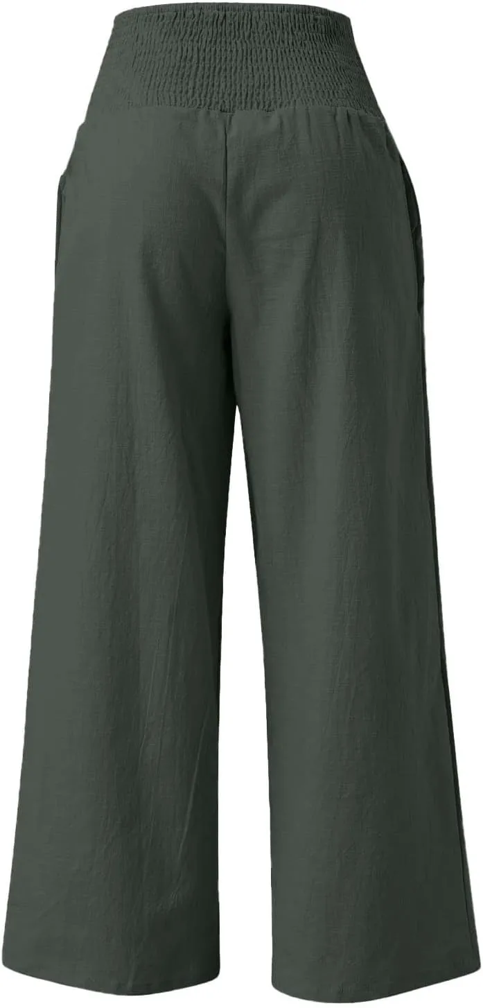 Linen Pants Women Summer Lounge Palazzo Pant High Waisted Wide Leg Trousers with Pockets Beach Vacation Clothes for Women