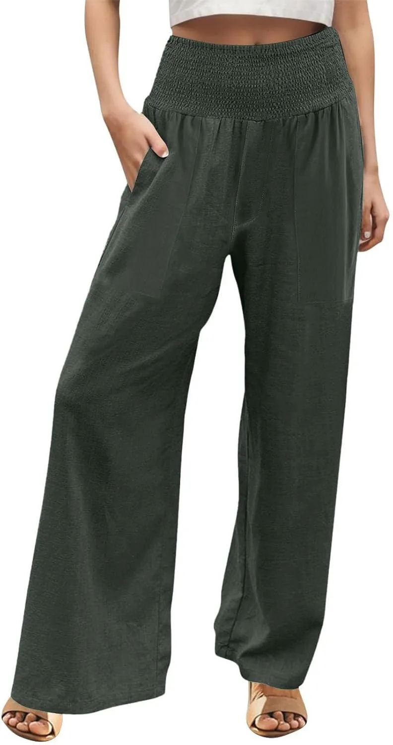 Linen Pants Women Summer Lounge Palazzo Pant High Waisted Wide Leg Trousers with Pockets Beach Vacation Clothes for Women