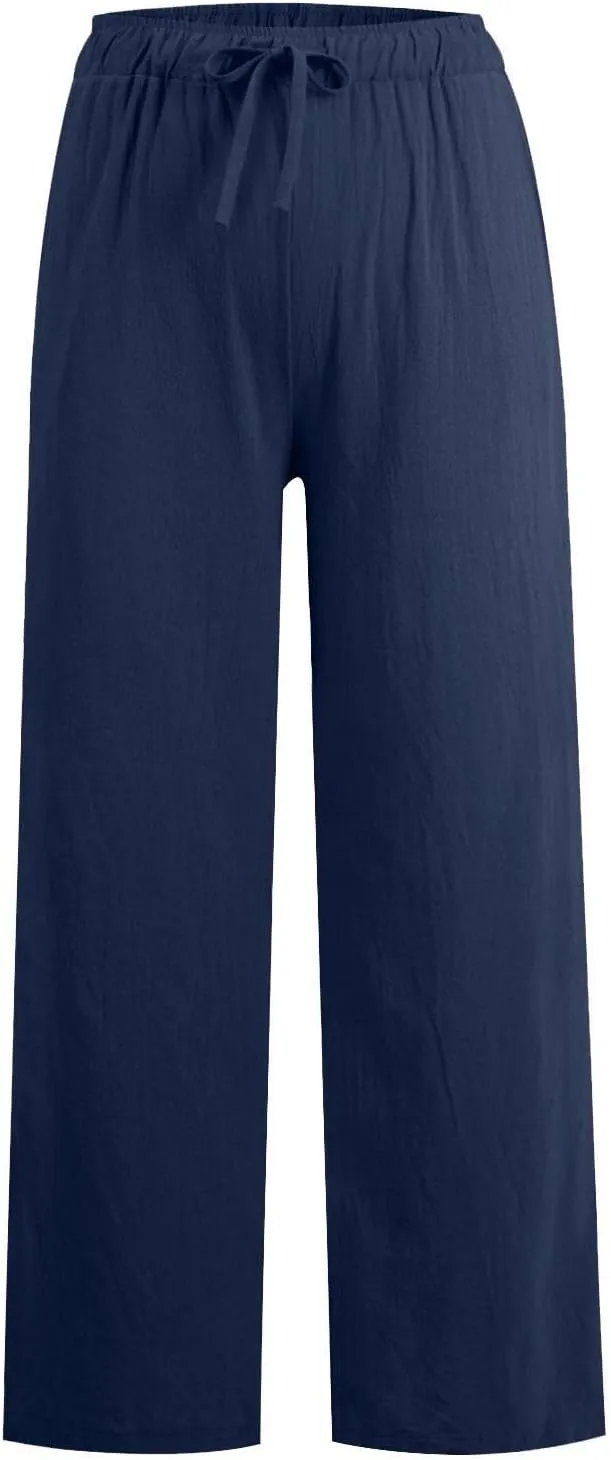 Linen Pants Women Wide Leg Yoga Pants with Pockets Elastic High Waisted Summer Casual Palazzo Pants Flowy Beach Pants
