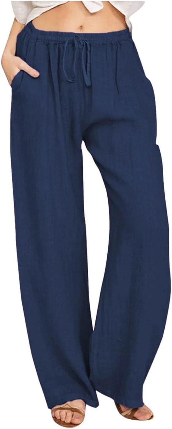 Linen Pants Women Wide Leg Yoga Pants with Pockets Elastic High Waisted Summer Casual Palazzo Pants Flowy Beach Pants