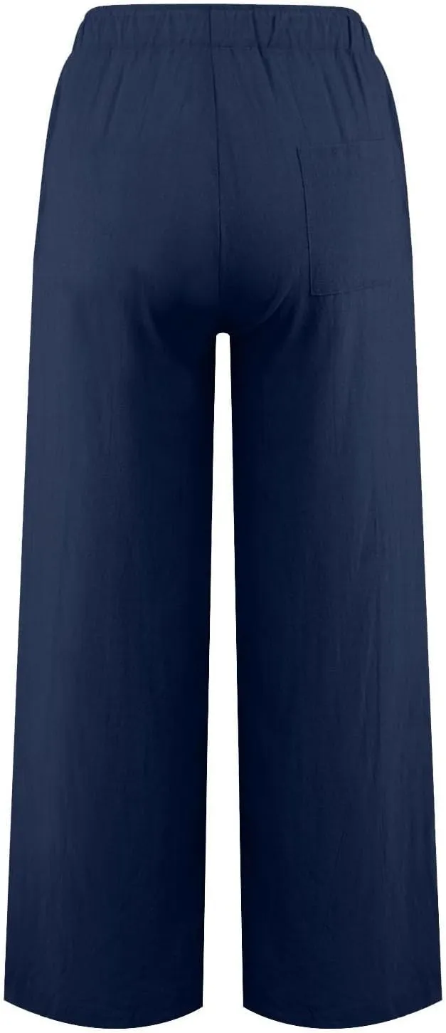 Linen Pants Women Wide Leg Yoga Pants with Pockets Elastic High Waisted Summer Casual Palazzo Pants Flowy Beach Pants