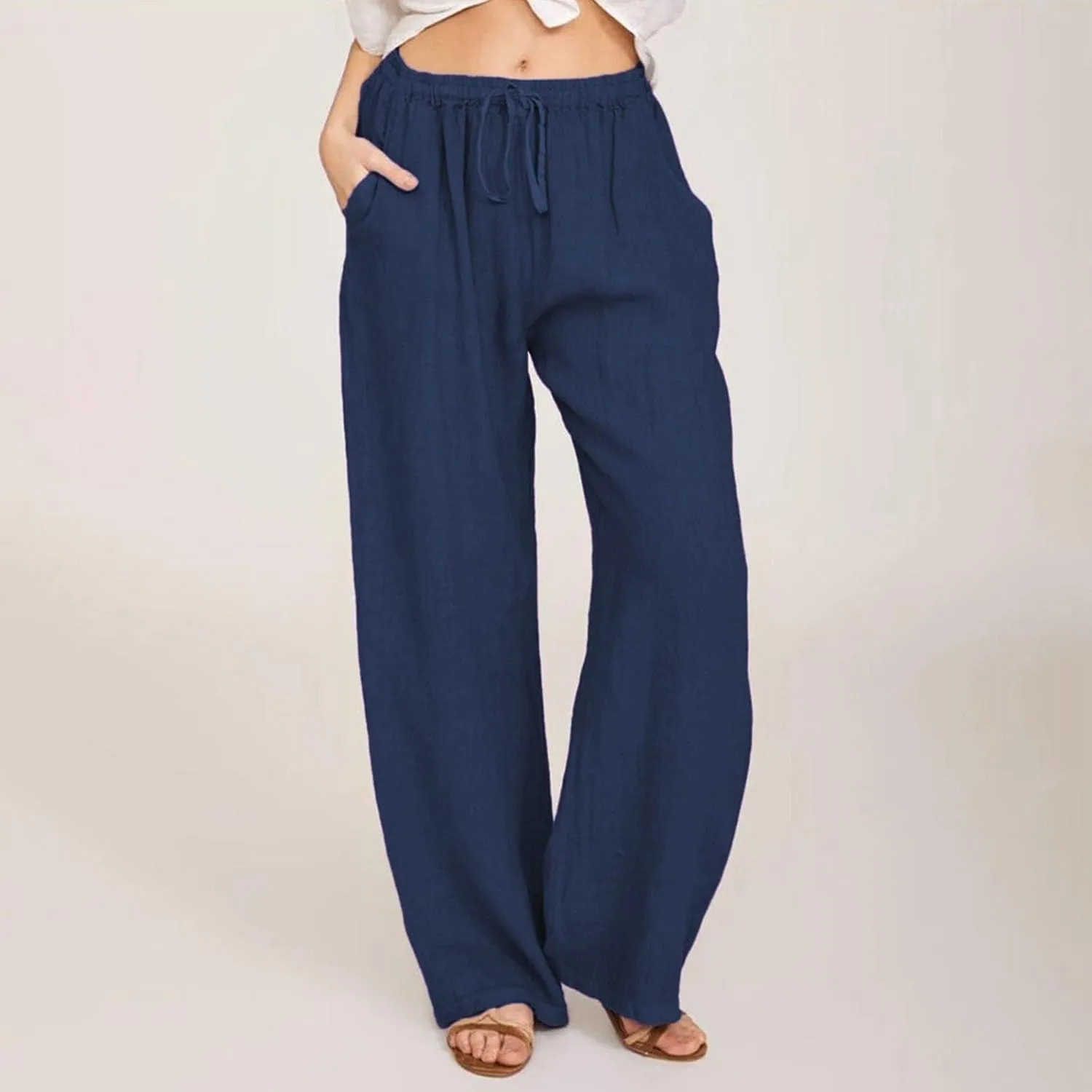 Linen Pants Women Wide Leg Yoga Pants with Pockets Elastic High Waisted Summer Casual Palazzo Pants Flowy Beach Pants
