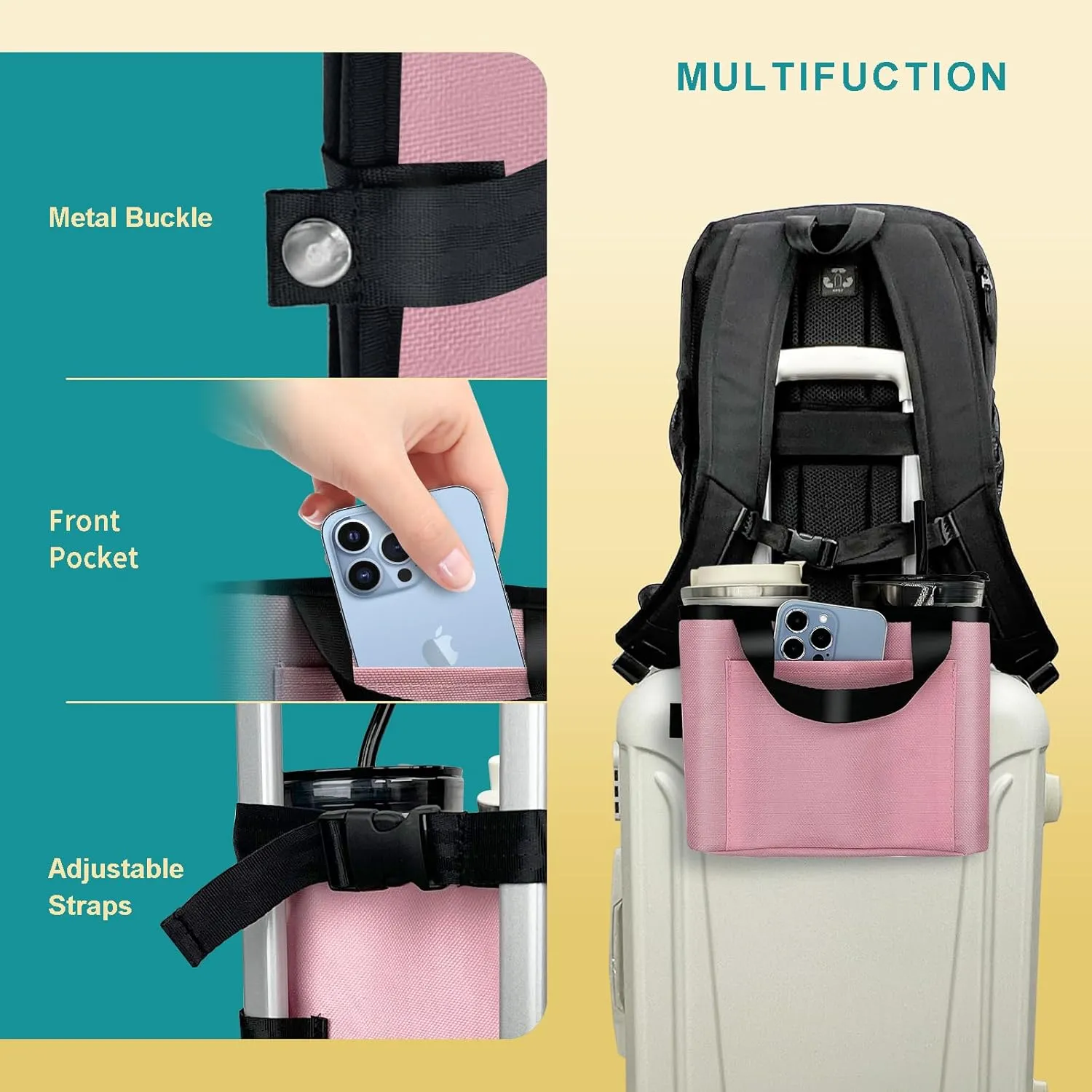 Luggage Cup Holder for Suitcases - Free Hand Drink Carrier, Multifunctional Travel Cup Holder Fits Suitcase Handles, Travel Accessories (Pink)