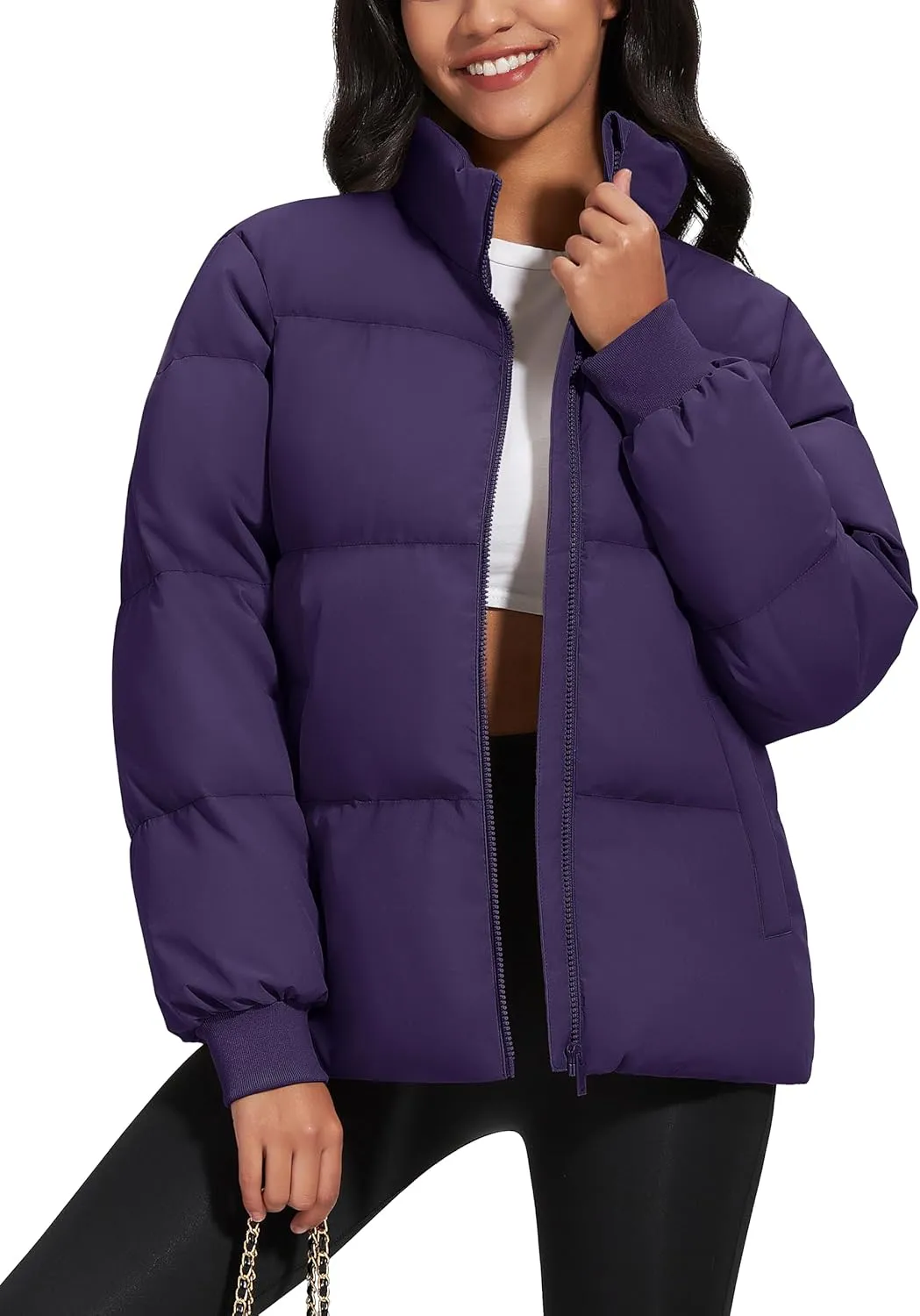 MAGCOMSEN Women's Winter Down Puffer Jackets Stand Collar Zip Up Water Resistant Warm Padded Quilted Coat with Pockets