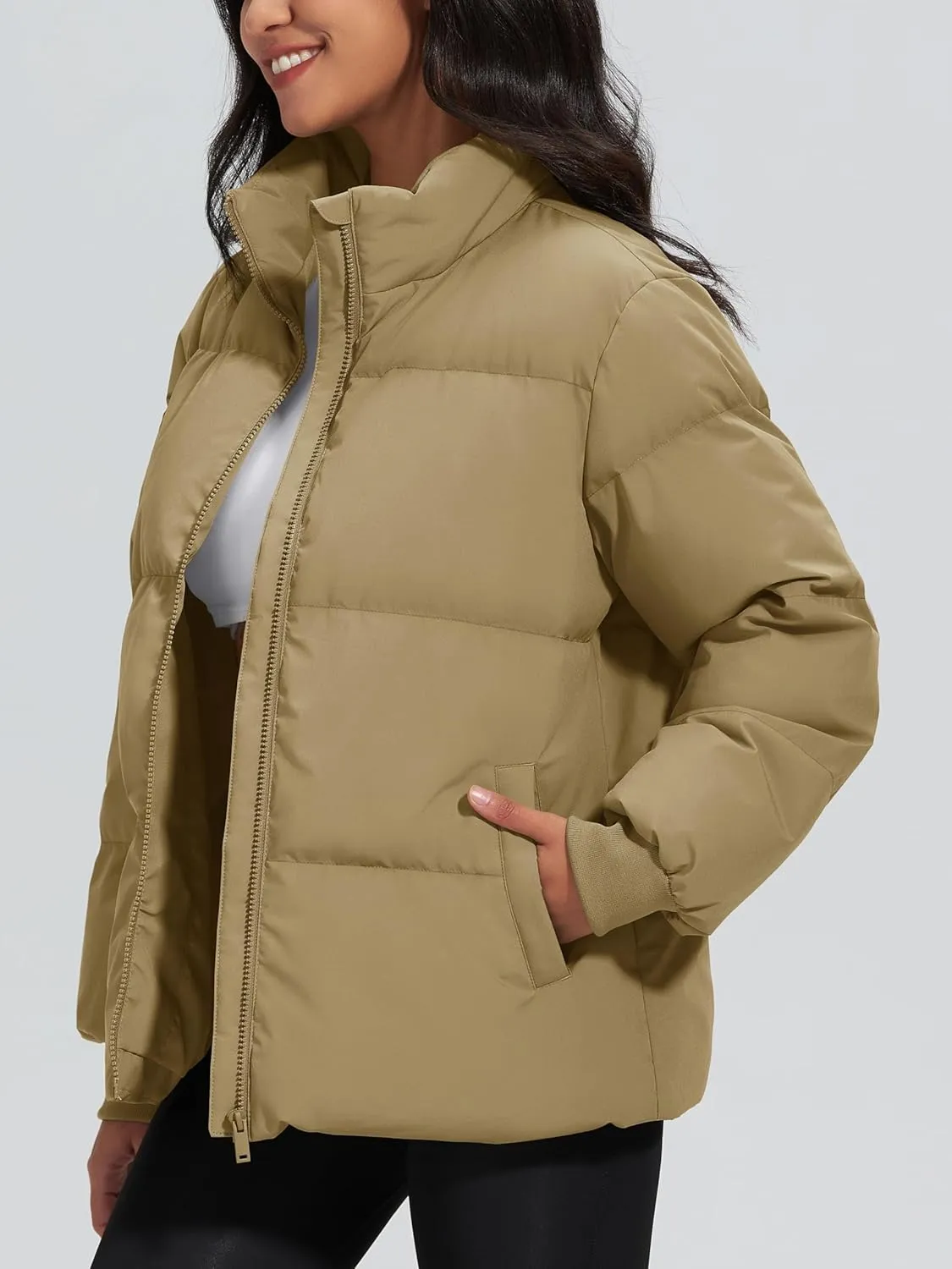 MAGCOMSEN Women's Winter Down Puffer Jackets Stand Collar Zip Up Water Resistant Warm Padded Quilted Coat with Pockets