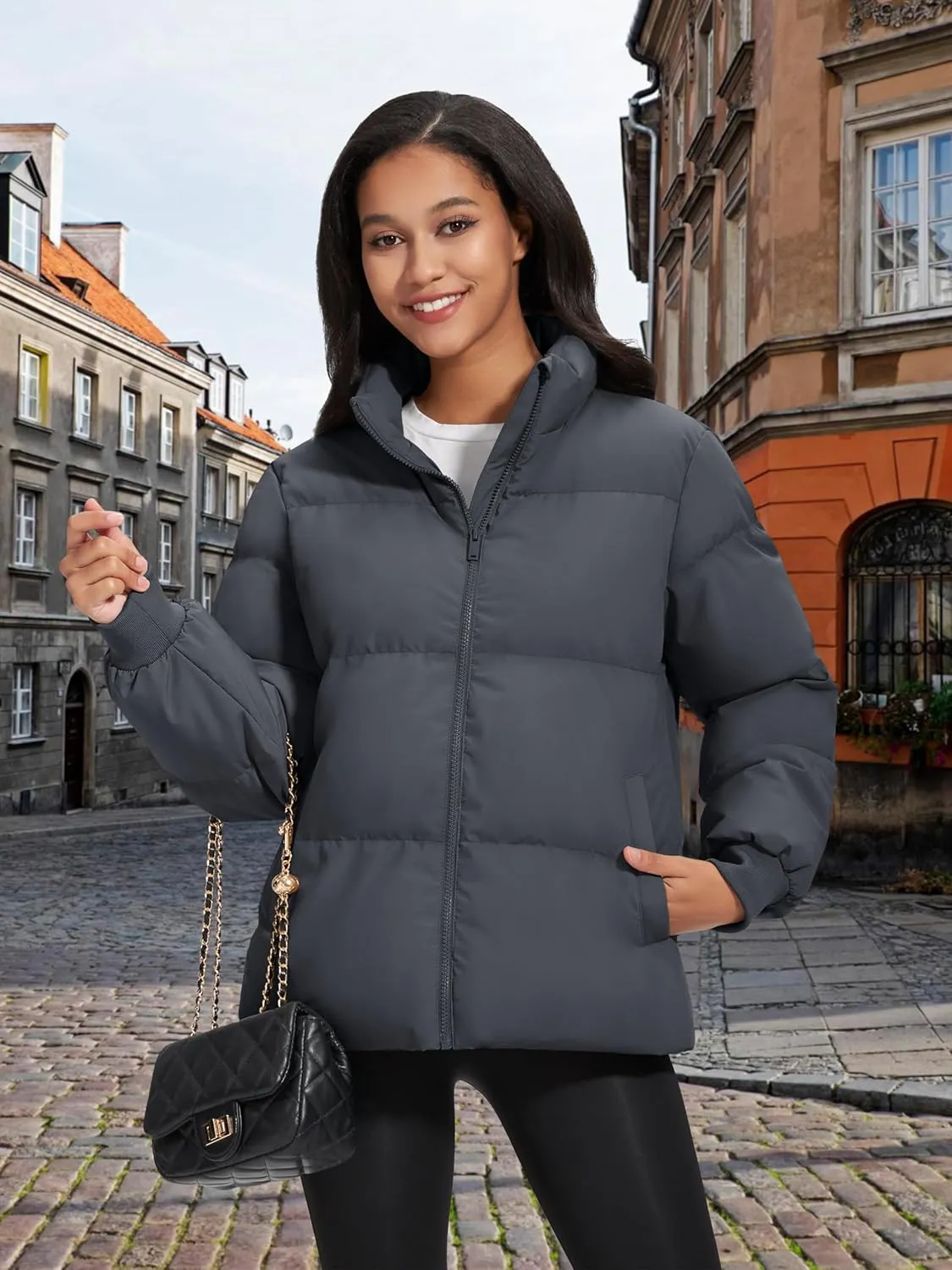 MAGCOMSEN Women's Winter Down Puffer Jackets Stand Collar Zip Up Water Resistant Warm Padded Quilted Coat with Pockets