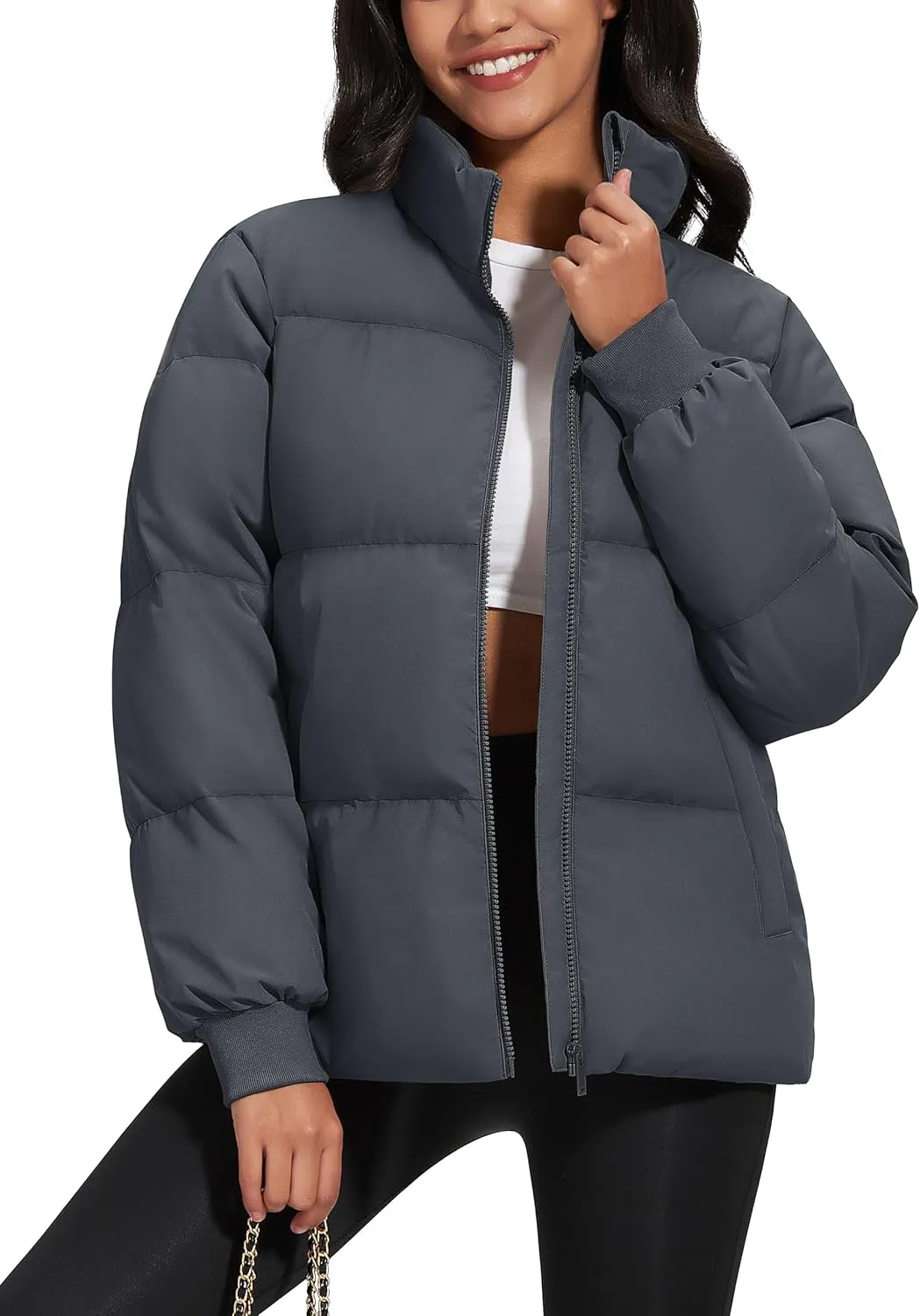 MAGCOMSEN Women's Winter Down Puffer Jackets Stand Collar Zip Up Water Resistant Warm Padded Quilted Coat with Pockets