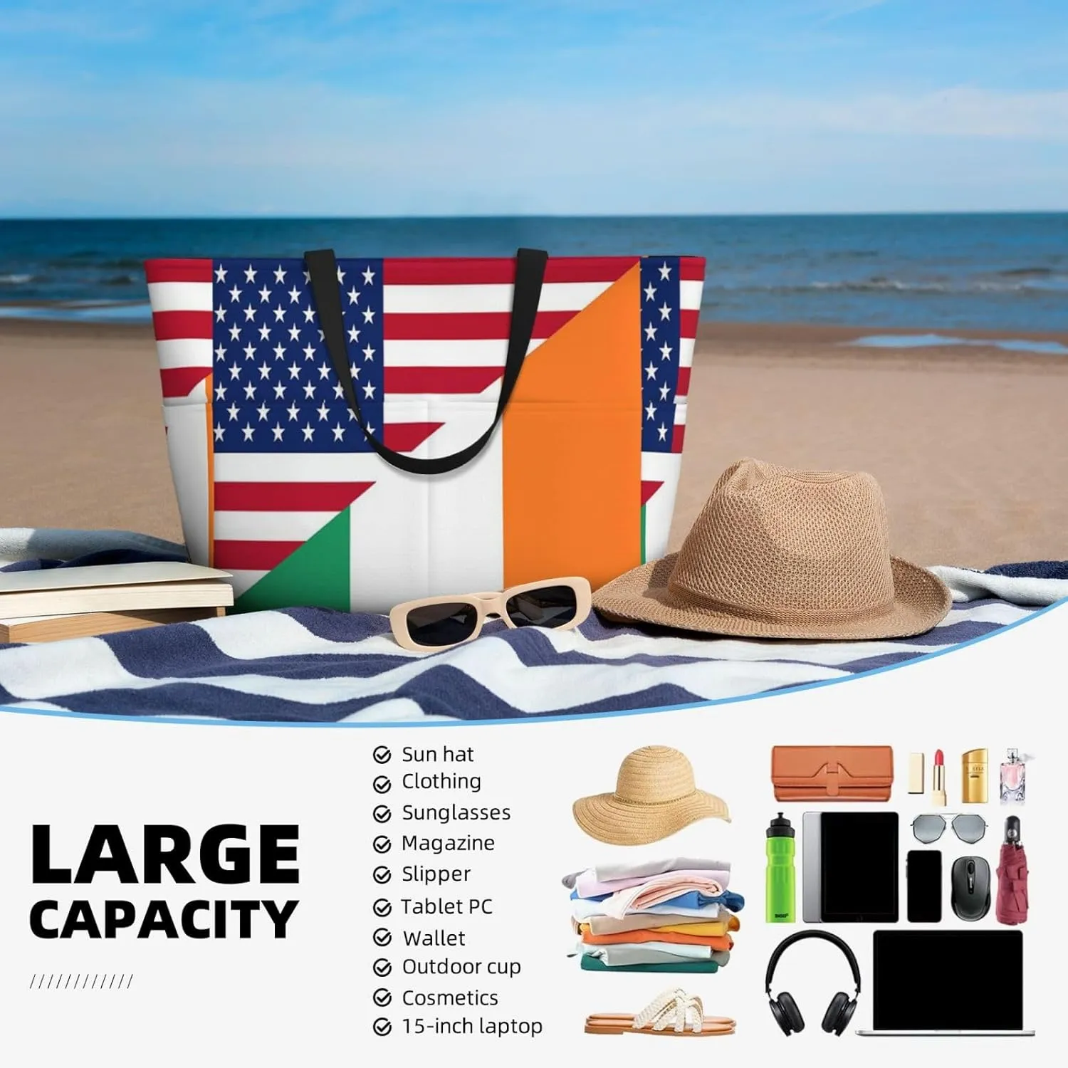 Maryland Flag Heart Women Large Beach Bag Travel Weekender Foldable Tote Bag for Pool Beach Vacation Gym