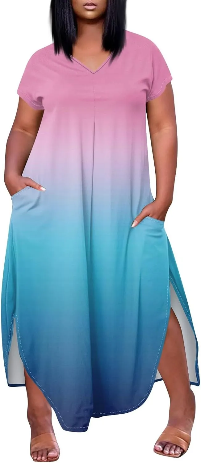 Maxi Dresses for Women 2025 Plus Size Tie Dye V Neck Dress Short Sleeve Side Split Beach Summer Sundress with Pocket