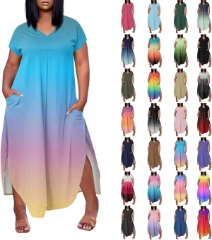 Maxi Dresses for Women 2025 Plus Size Tie Dye V Neck Dress Short Sleeve Side Split Beach Summer Sundress with Pocket
