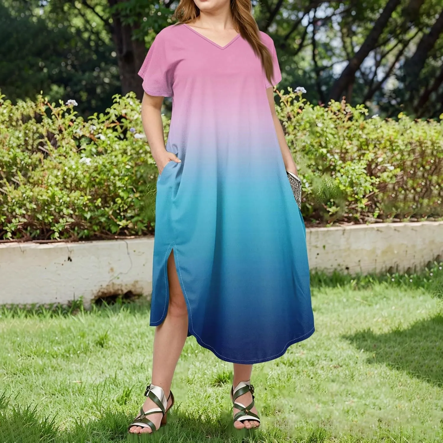 Maxi Dresses for Women 2025 Plus Size Tie Dye V Neck Dress Short Sleeve Side Split Beach Summer Sundress with Pocket