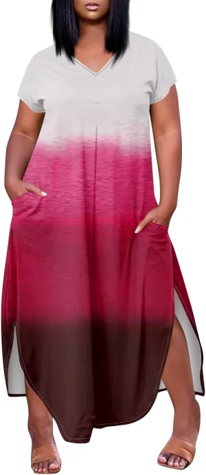 Maxi Dresses for Women 2025 Plus Size Tie Dye V Neck Dress Short Sleeve Side Split Beach Summer Sundress with Pocket