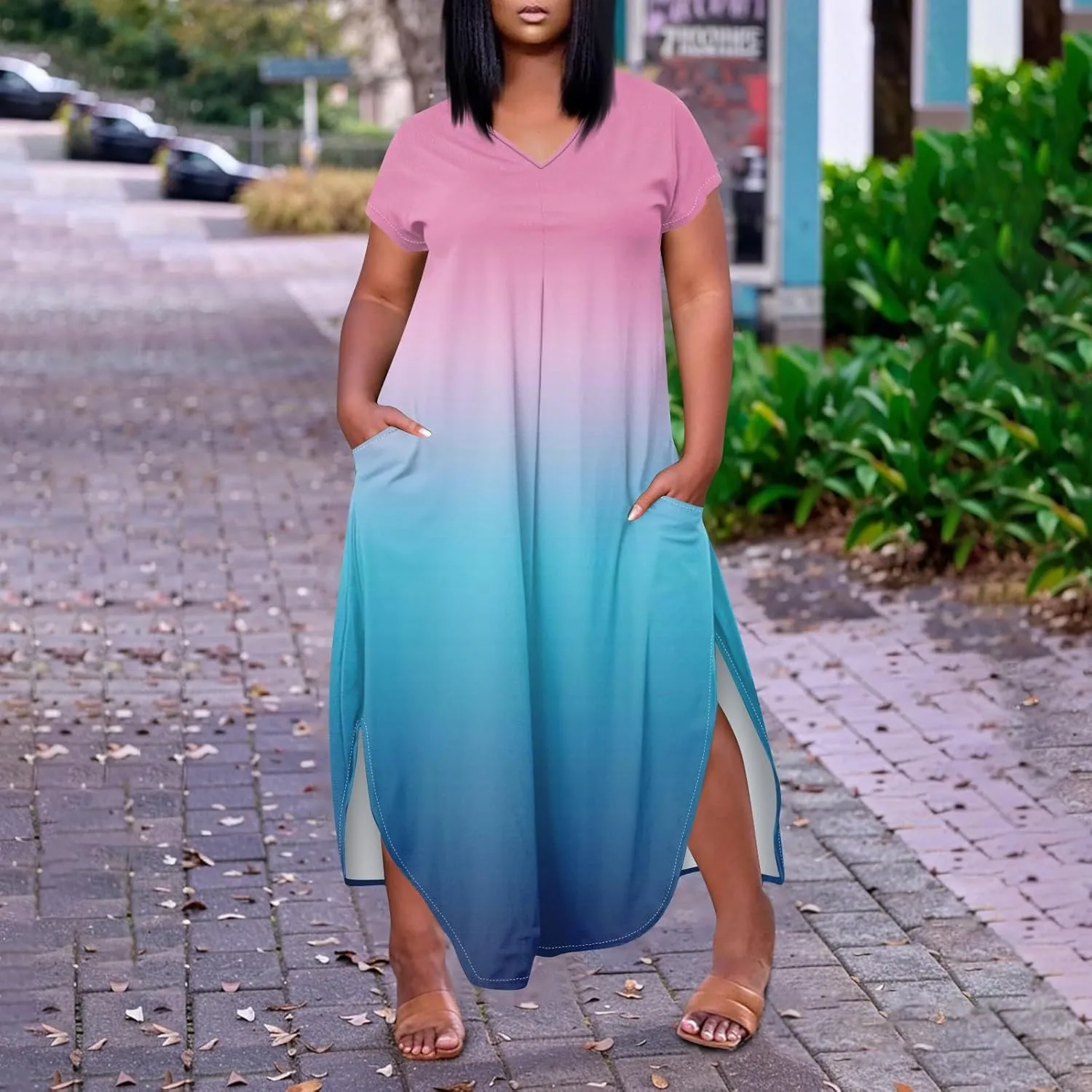 Maxi Dresses for Women 2025 Plus Size Tie Dye V Neck Dress Short Sleeve Side Split Beach Summer Sundress with Pocket