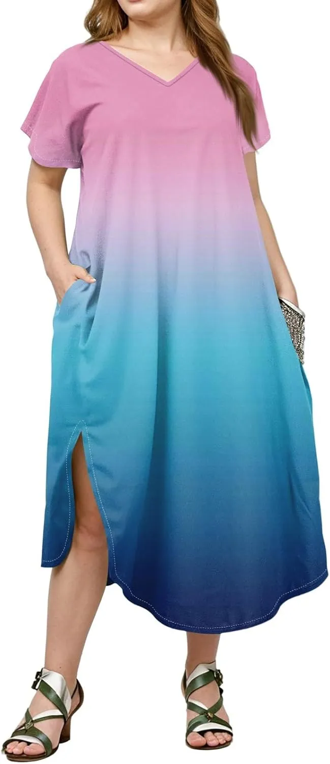 Maxi Dresses for Women 2025 Plus Size Tie Dye V Neck Dress Short Sleeve Side Split Beach Summer Sundress with Pocket