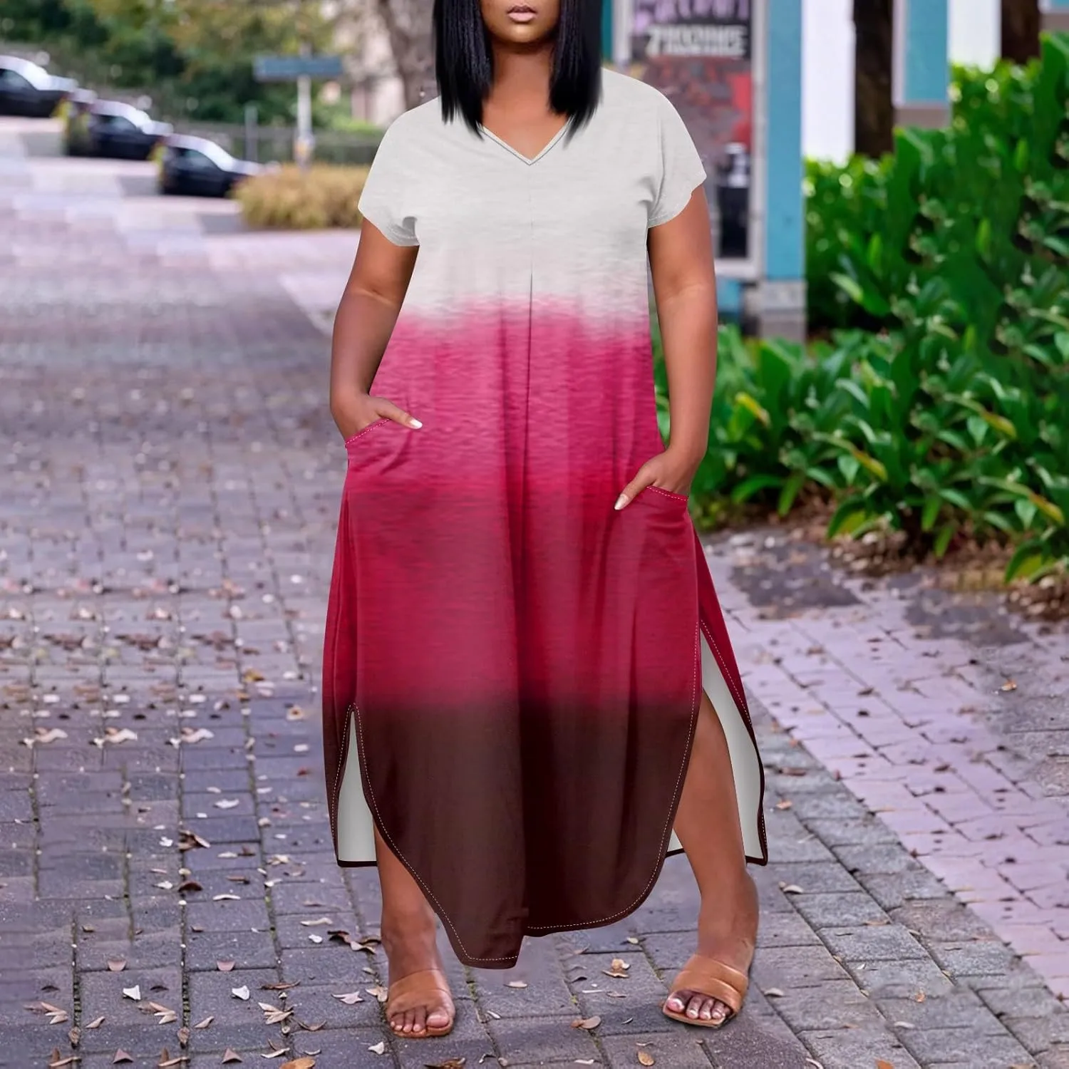 Maxi Dresses for Women 2025 Plus Size Tie Dye V Neck Dress Short Sleeve Side Split Beach Summer Sundress with Pocket