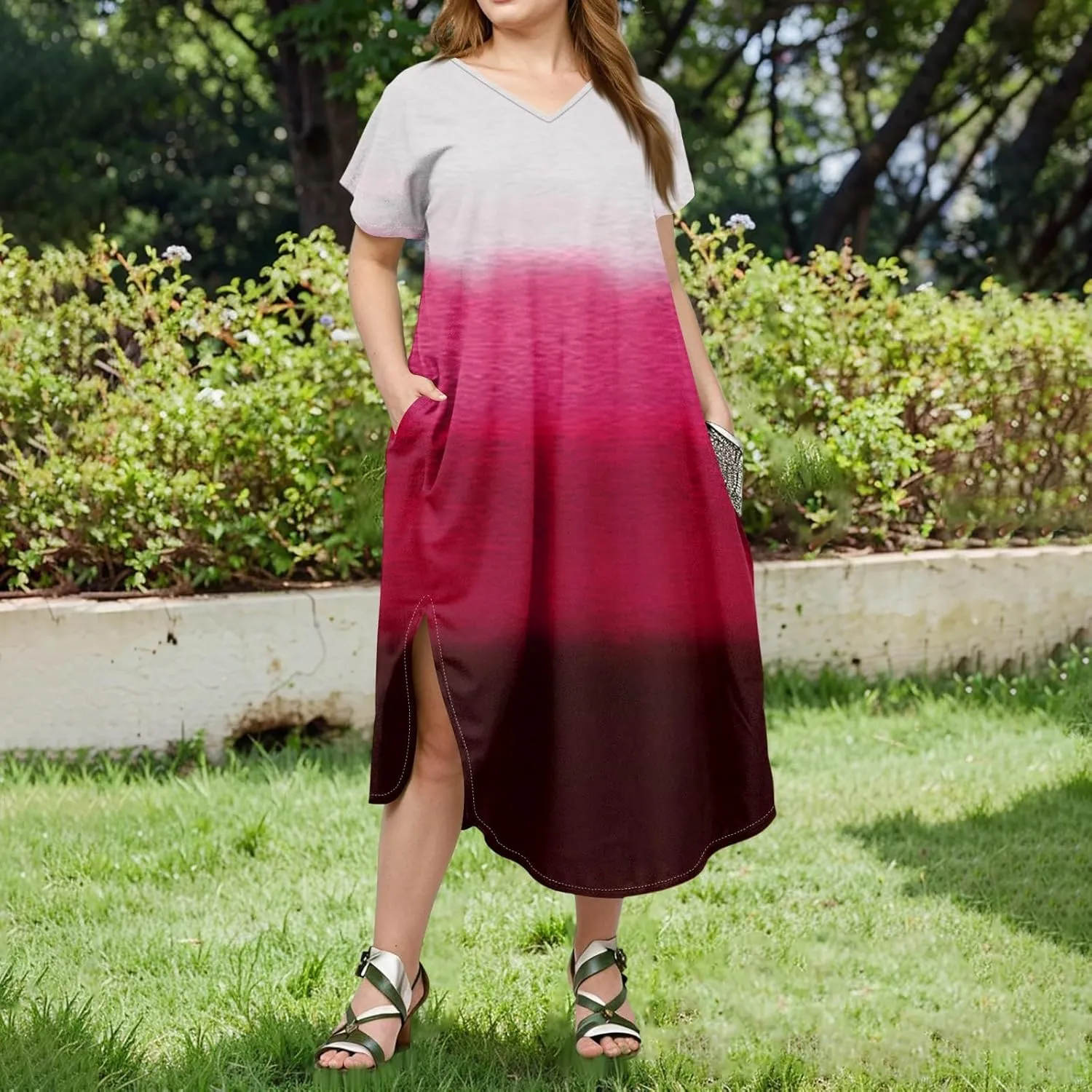 Maxi Dresses for Women 2025 Plus Size Tie Dye V Neck Dress Short Sleeve Side Split Beach Summer Sundress with Pocket