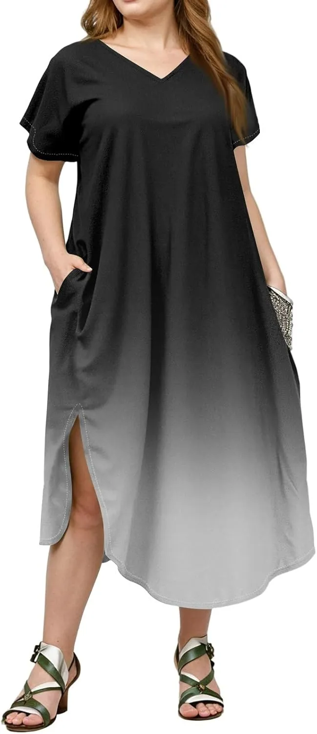 Maxi Dresses for Women 2025 Plus Size Tie Dye V Neck Dress Short Sleeve Side Split Beach Summer Sundress with Pocket