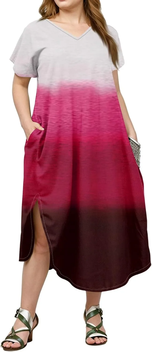 Maxi Dresses for Women 2025 Plus Size Tie Dye V Neck Dress Short Sleeve Side Split Beach Summer Sundress with Pocket