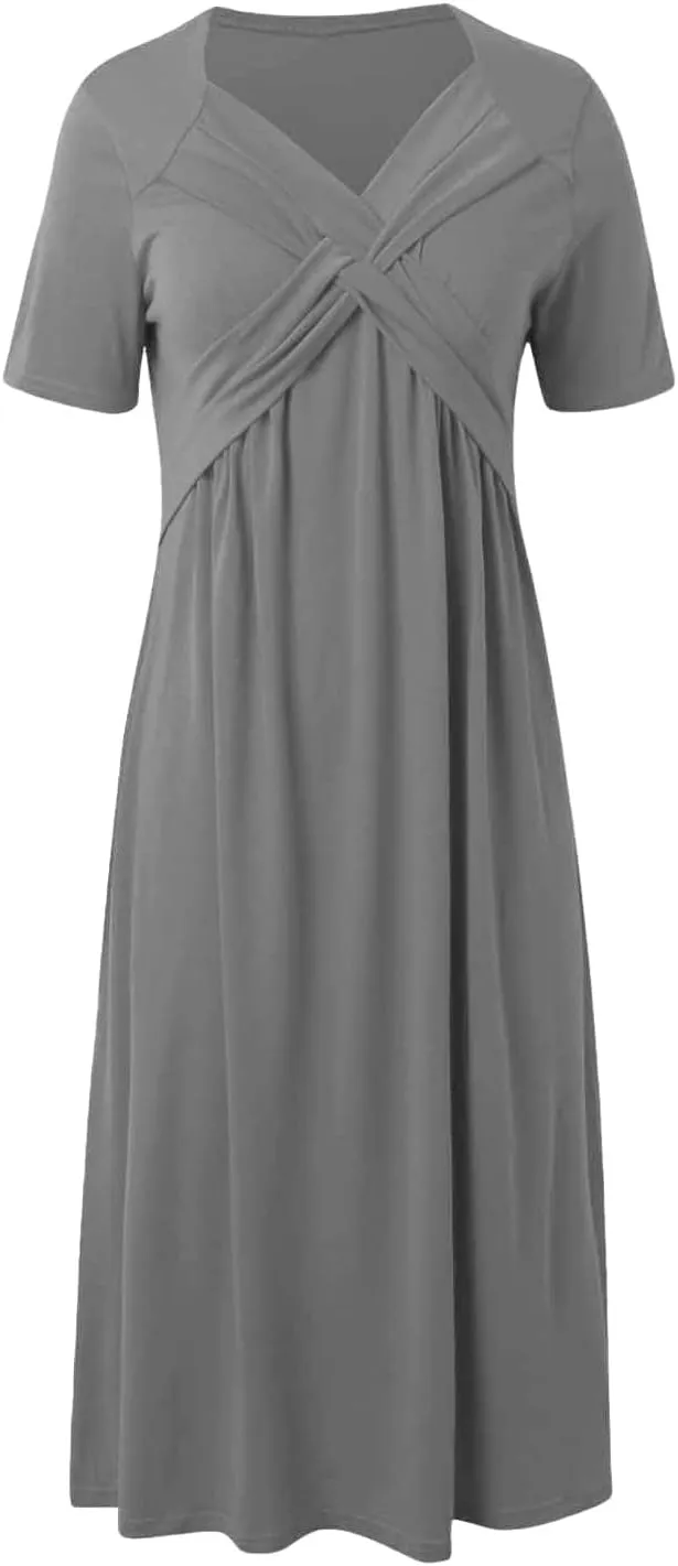 Maxi Dresses for Women V Neck Short Sleeve Maxi Dresses Ruffle Waist Pleated Hem Flowy Swing Dress Dressy Dress 2025