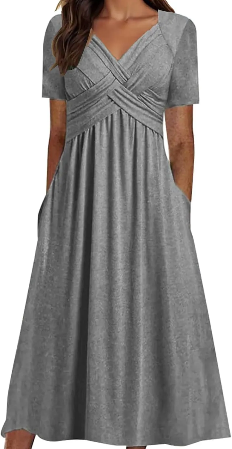 Maxi Dresses for Women V Neck Short Sleeve Maxi Dresses Ruffle Waist Pleated Hem Flowy Swing Dress Dressy Dress 2025