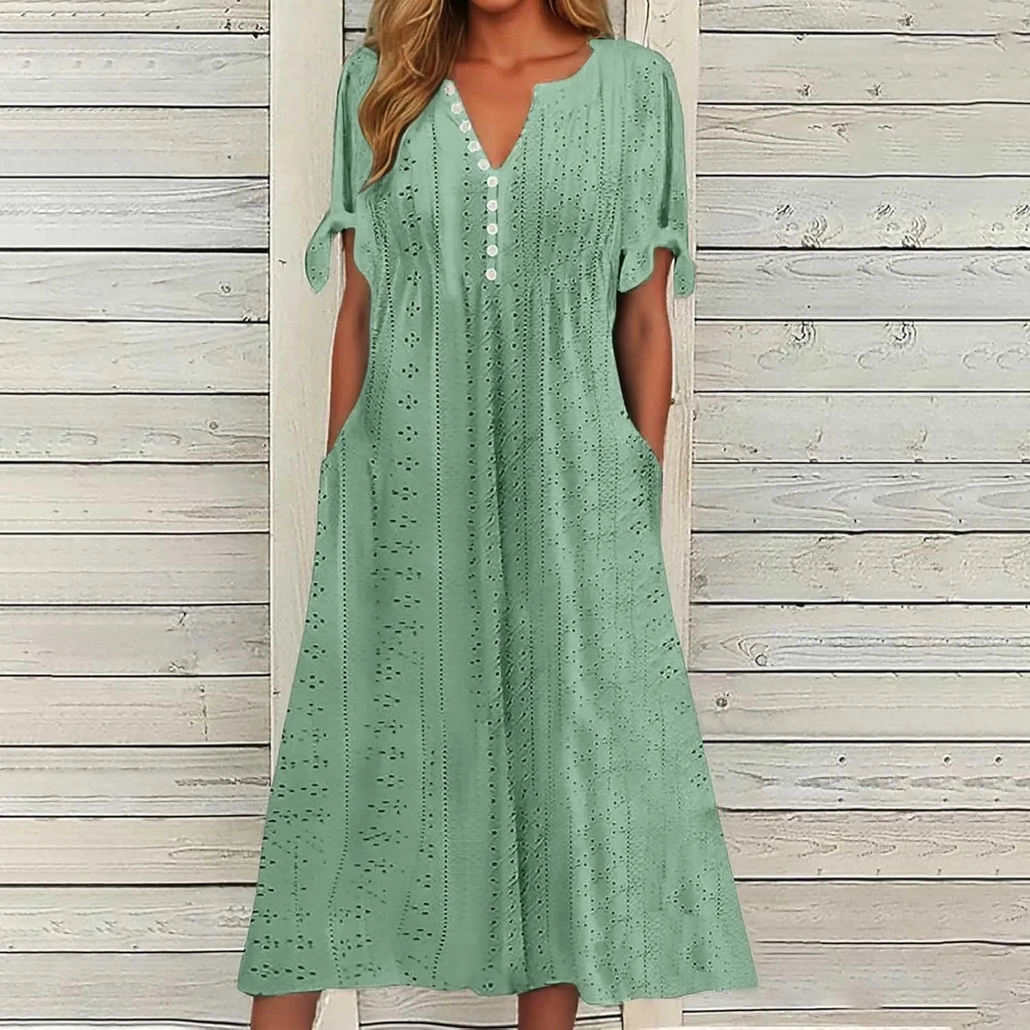 Maxi Long Dresses for Women 2025 Summer Casual V Neck Short Sleeve Eyelet Tshirt Dress Boho Aline Sundresses for Vacation