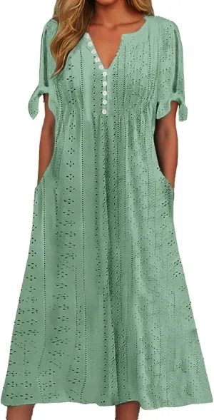 Maxi Long Dresses for Women 2025 Summer Casual V Neck Short Sleeve Eyelet Tshirt Dress Boho Aline Sundresses for Vacation