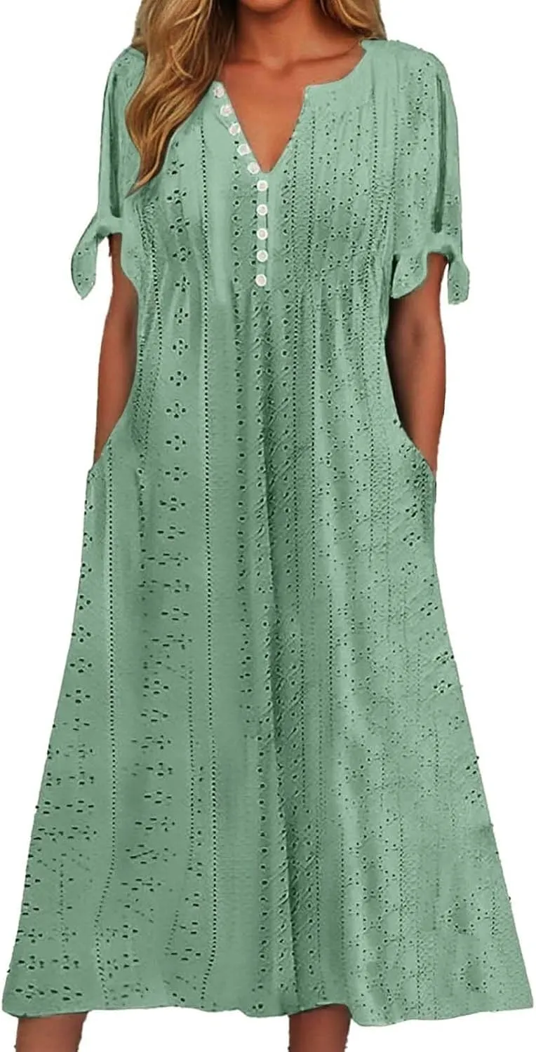 Maxi Long Dresses for Women 2025 Summer Casual V Neck Short Sleeve Eyelet Tshirt Dress Boho Aline Sundresses for Vacation