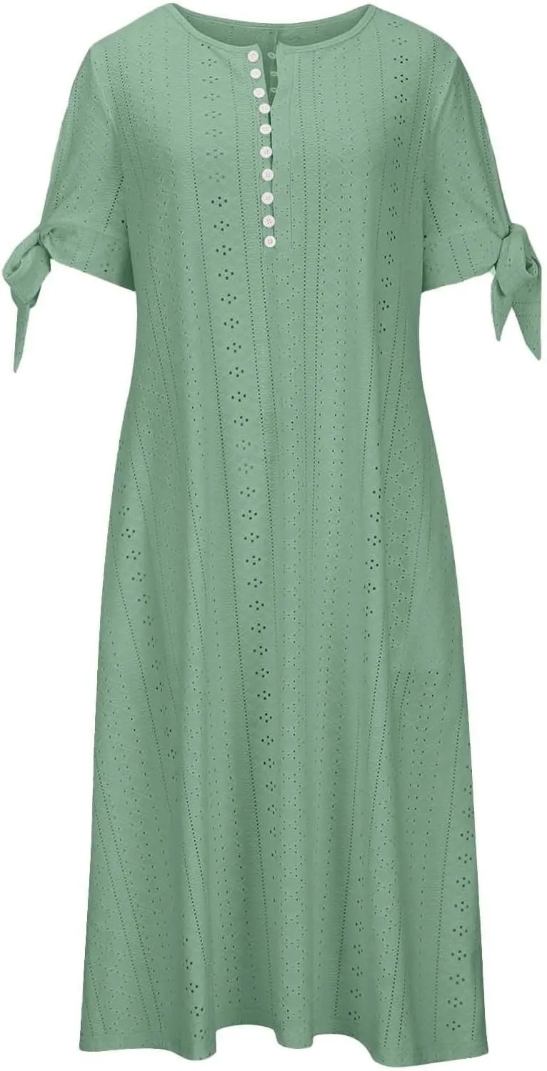 Maxi Long Dresses for Women 2025 Summer Casual V Neck Short Sleeve Eyelet Tshirt Dress Boho Aline Sundresses for Vacation