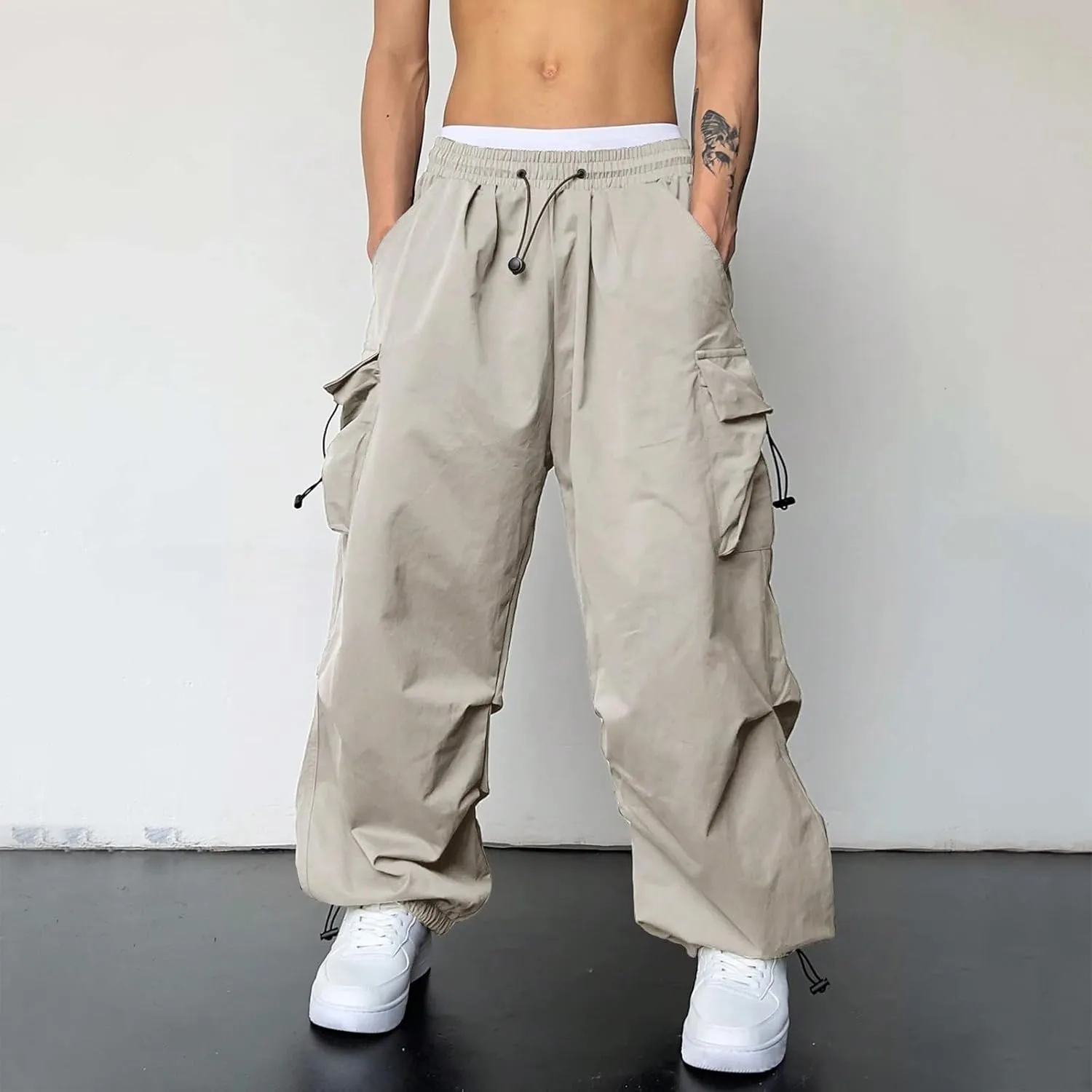 Men's Cargo Pant Casual Drawstring Elastic Waist Stretch Combat Work Pants Multi Pockets
