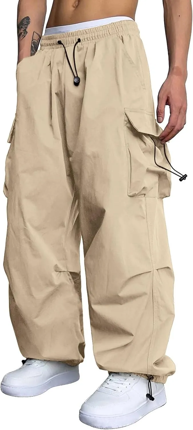 Men's Cargo Pant Casual Drawstring Elastic Waist Stretch Combat Work Pants Multi Pockets
