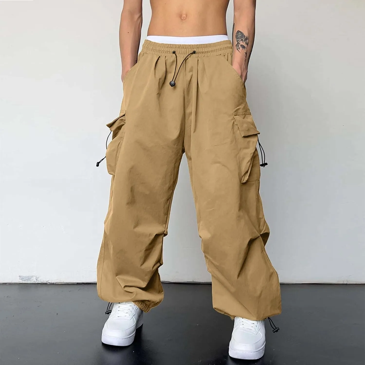 Men's Cargo Pant Casual Drawstring Elastic Waist Stretch Combat Work Pants Multi Pockets