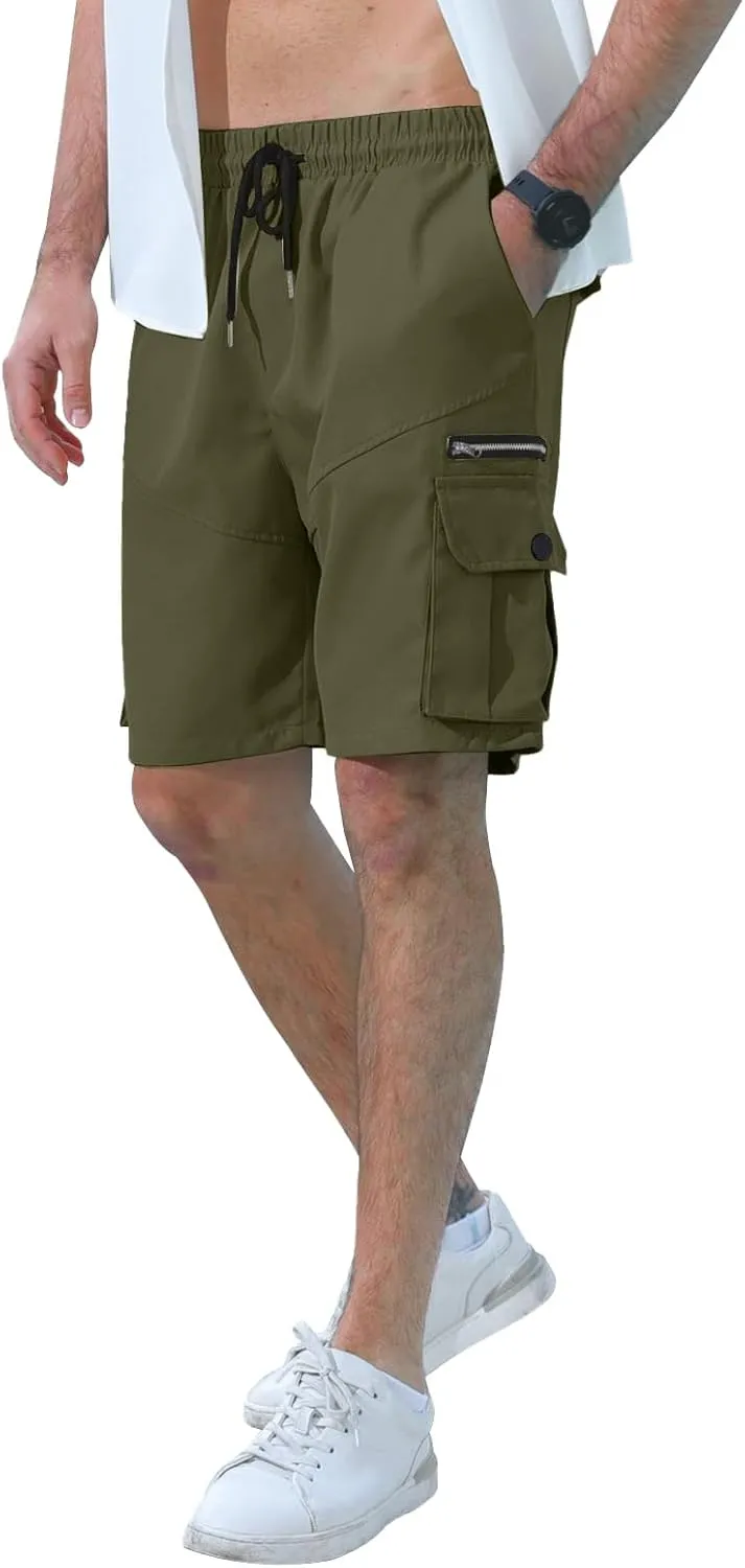 Mens Cargo Shorts Elastic Waist Summer Casual Shorts Outdoor Hiking Quick Dry Lightweight Work Shorts with Pockets