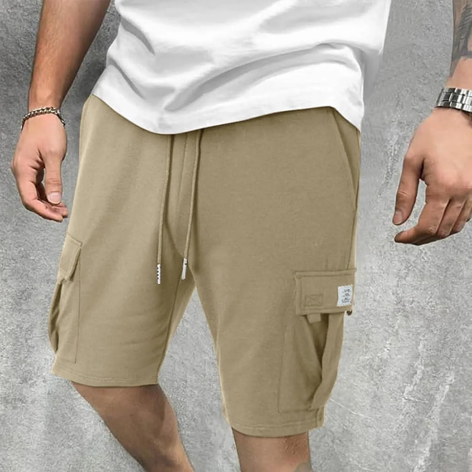 Mens Cargo Shorts Summer Cotton Knee Length Sweat Shorts Drawstring Stretch Waist Athletic Workout Gym Jogger Shorts